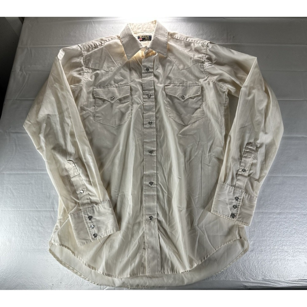 Vtg Ruddock Bros Western Shirt Mens Medium (16-36) White Made‎ in USA Pearl Snap